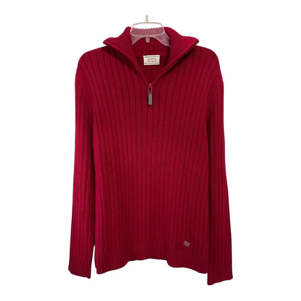 Springfield Ribbed Quarter Zip Sweater Red Cotton Pullover L